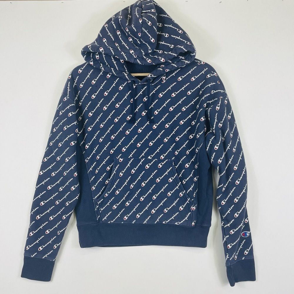 Champion Blue Reverse Weave Logo Hoodie‎ Pullover Sweatshirt Womens Small